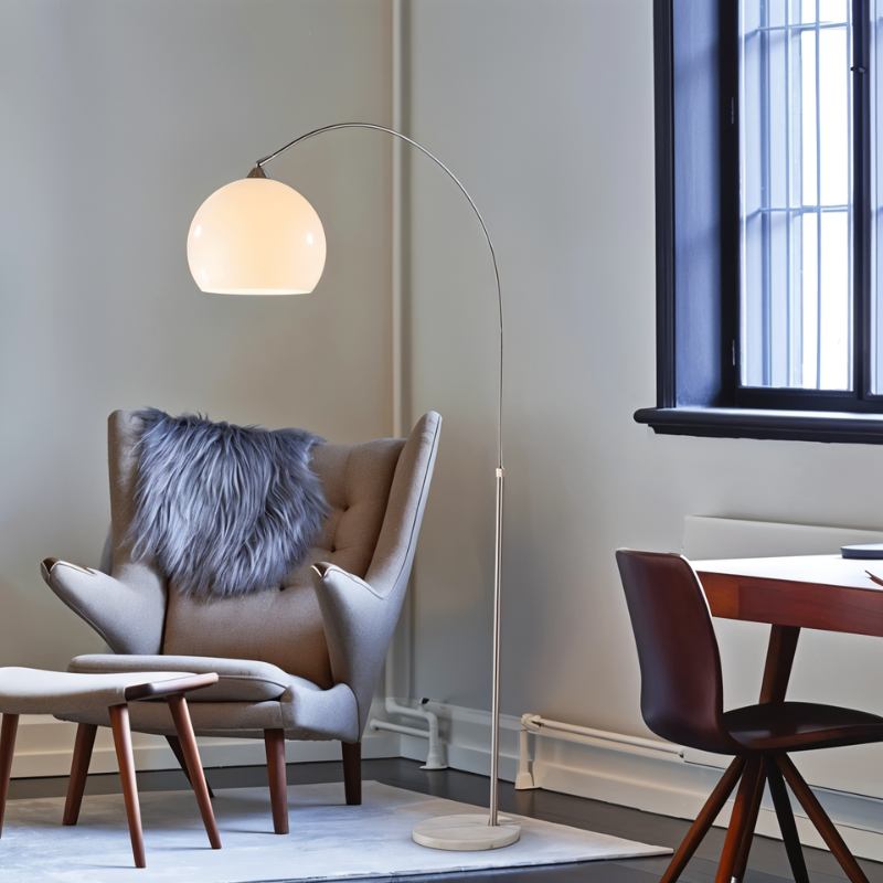 Aurora Dome Shade Floor Lamp With Marble Base And Brushed Metal Stem Mid Century Modern