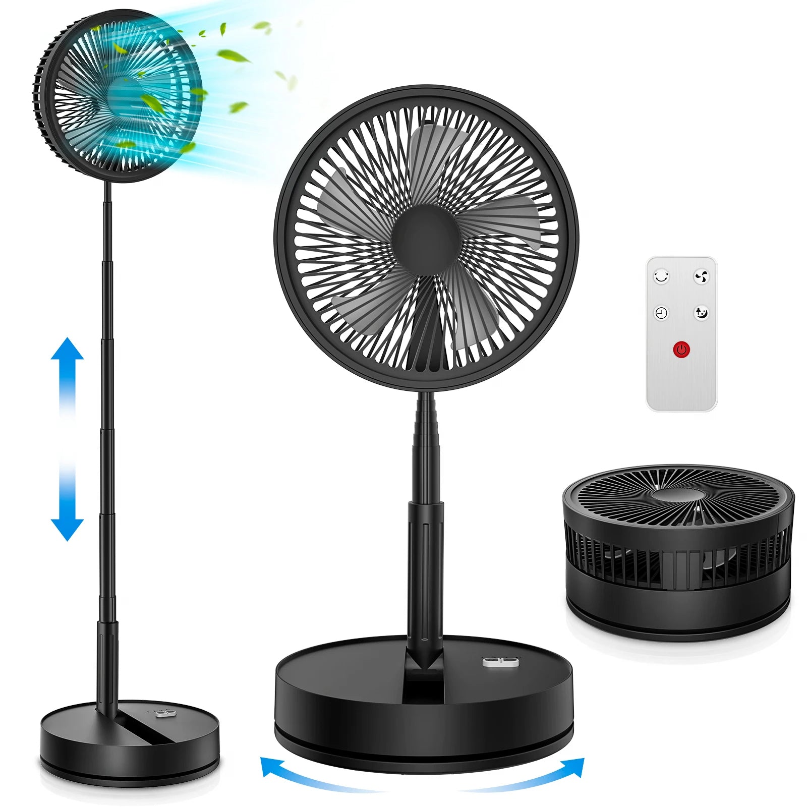 Portable Folding Floor Fan, 9-Inch Rechargeable With Remote Control