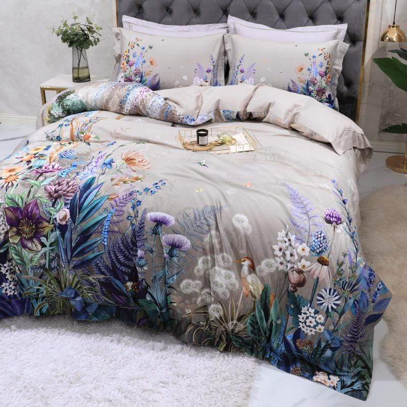 Set di copripiumino, stampa floreale con uccelli Aurelia, cotone egiziano