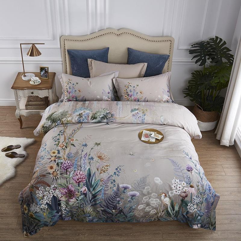 Set di copripiumino, stampa floreale con uccelli Aurelia, cotone egiziano