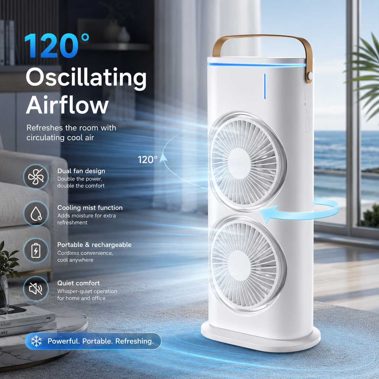 MistBreeze USB Rechargeable Dual Head Misting Desk Fan With Remote