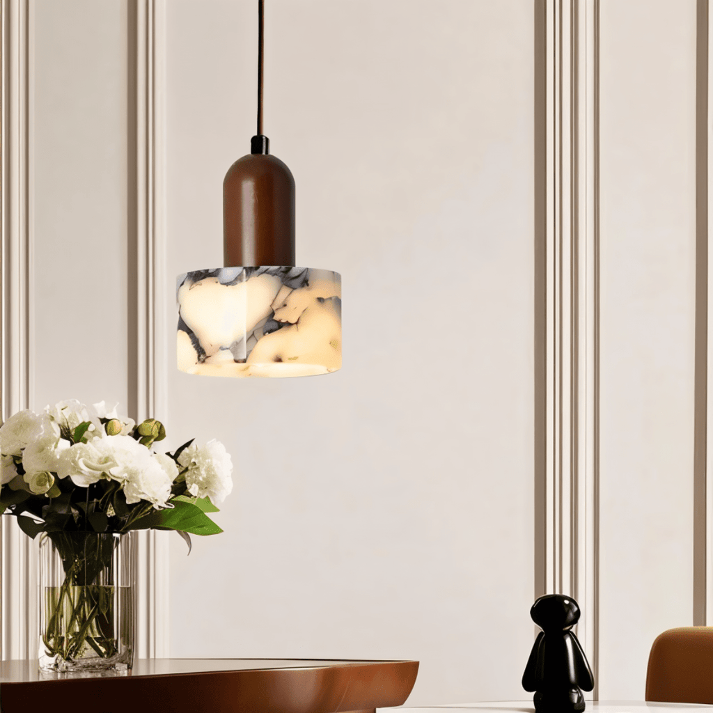 Stone And Wood Pendant Light With Warm Minimal Glow