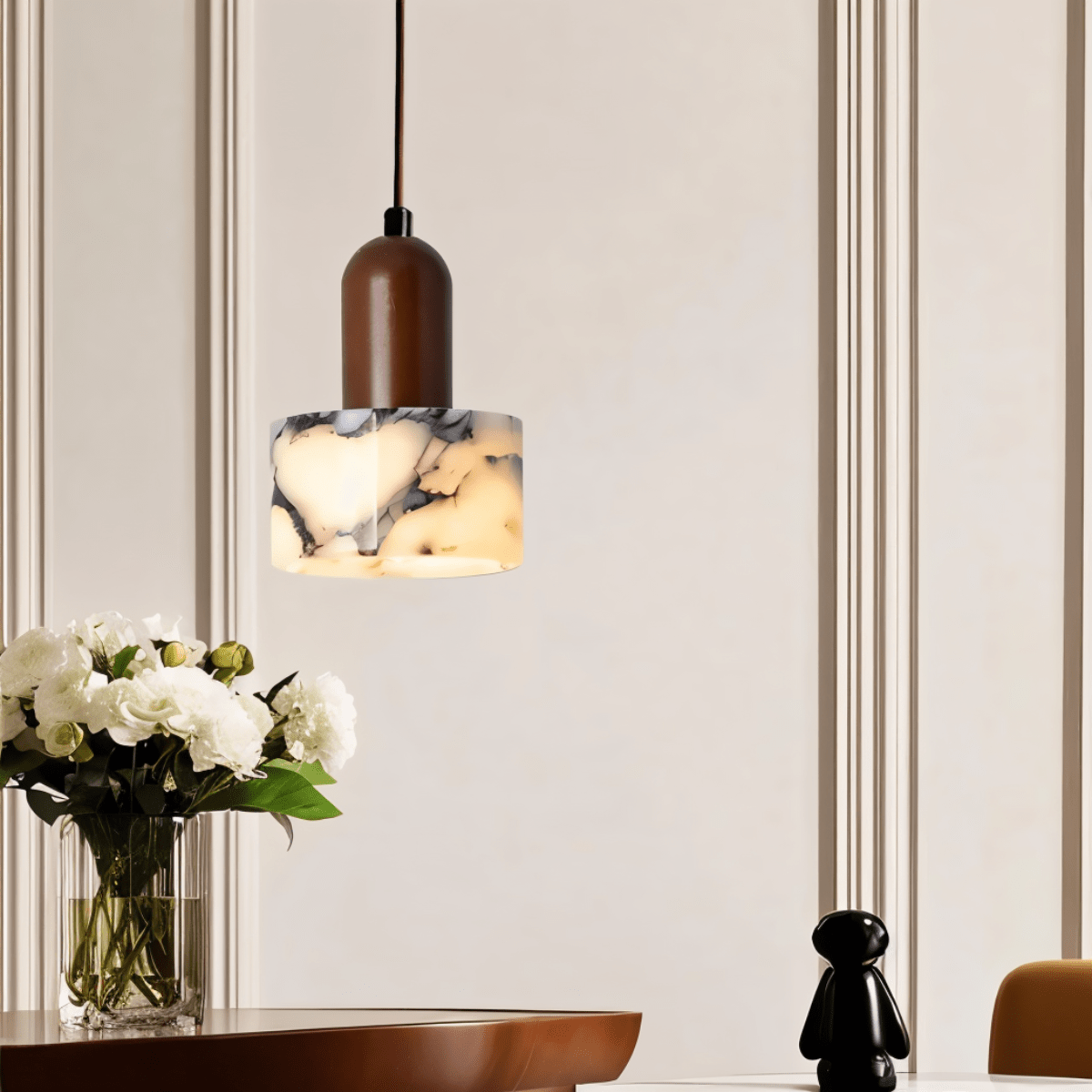 Stone And Wood Pendant Light With Warm Minimal Glow