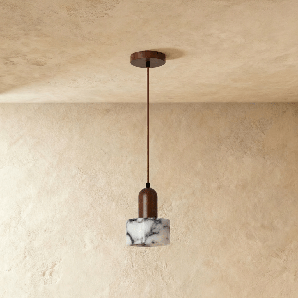 Stone And Wood Pendant Light With Warm Minimal Glow