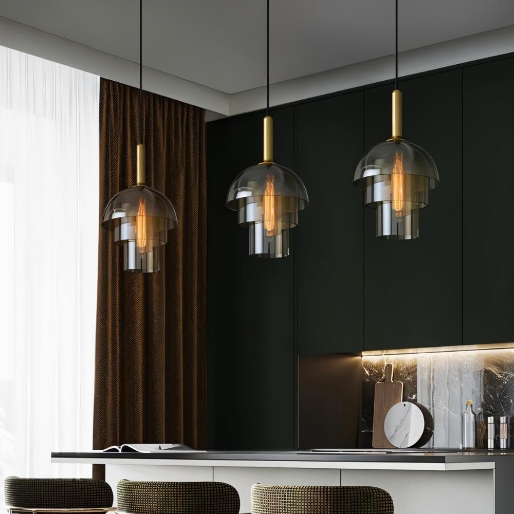 Aurora koppar glasdome pendellampa med rökig skärm och inre lager