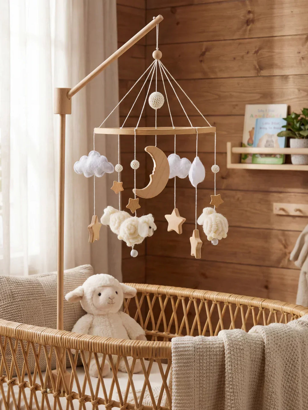 Mobile in legno per lettino con pecorelle, per giochi sensoriali e sonno