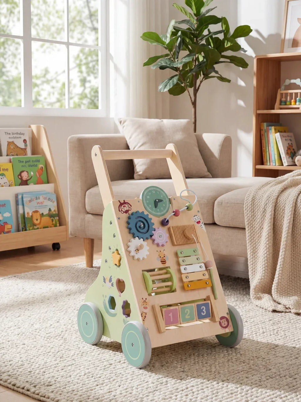 Trotteur d’activités premium en bois pour les premiers pas, le jeu sensoriel et l’apprentissage précoce | Fioriscas