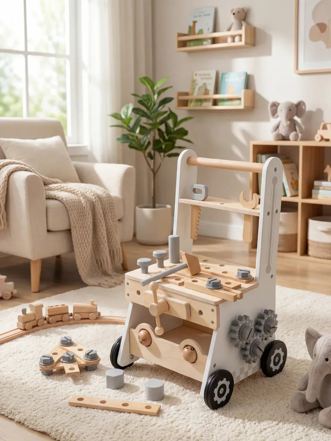 Trotteur pousseur pour bébé en bois avec établi, 2-en-1 | Fioriscas