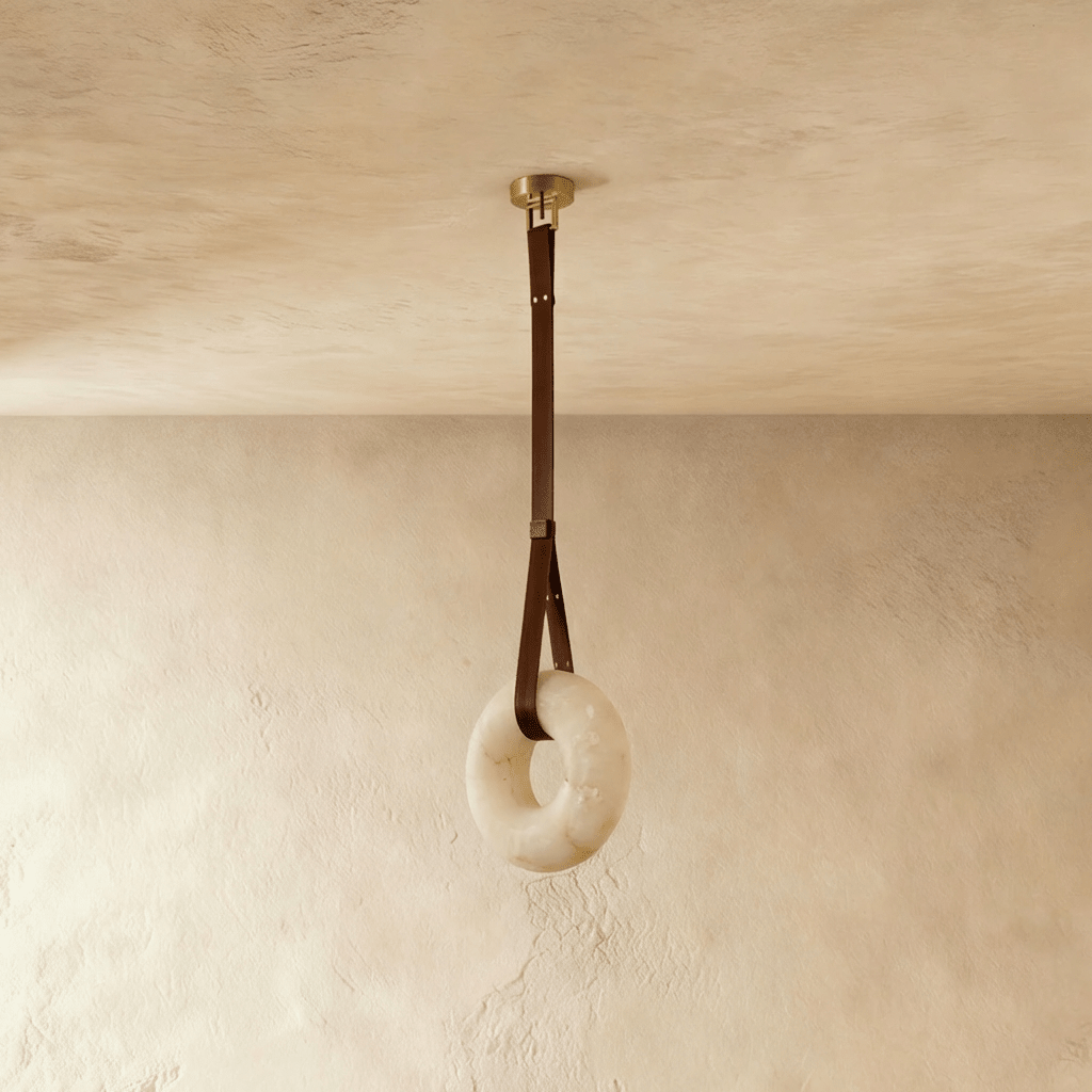 Halo Albast Hanglamp Met Op Maat Gemaakte Leren Bandjes  