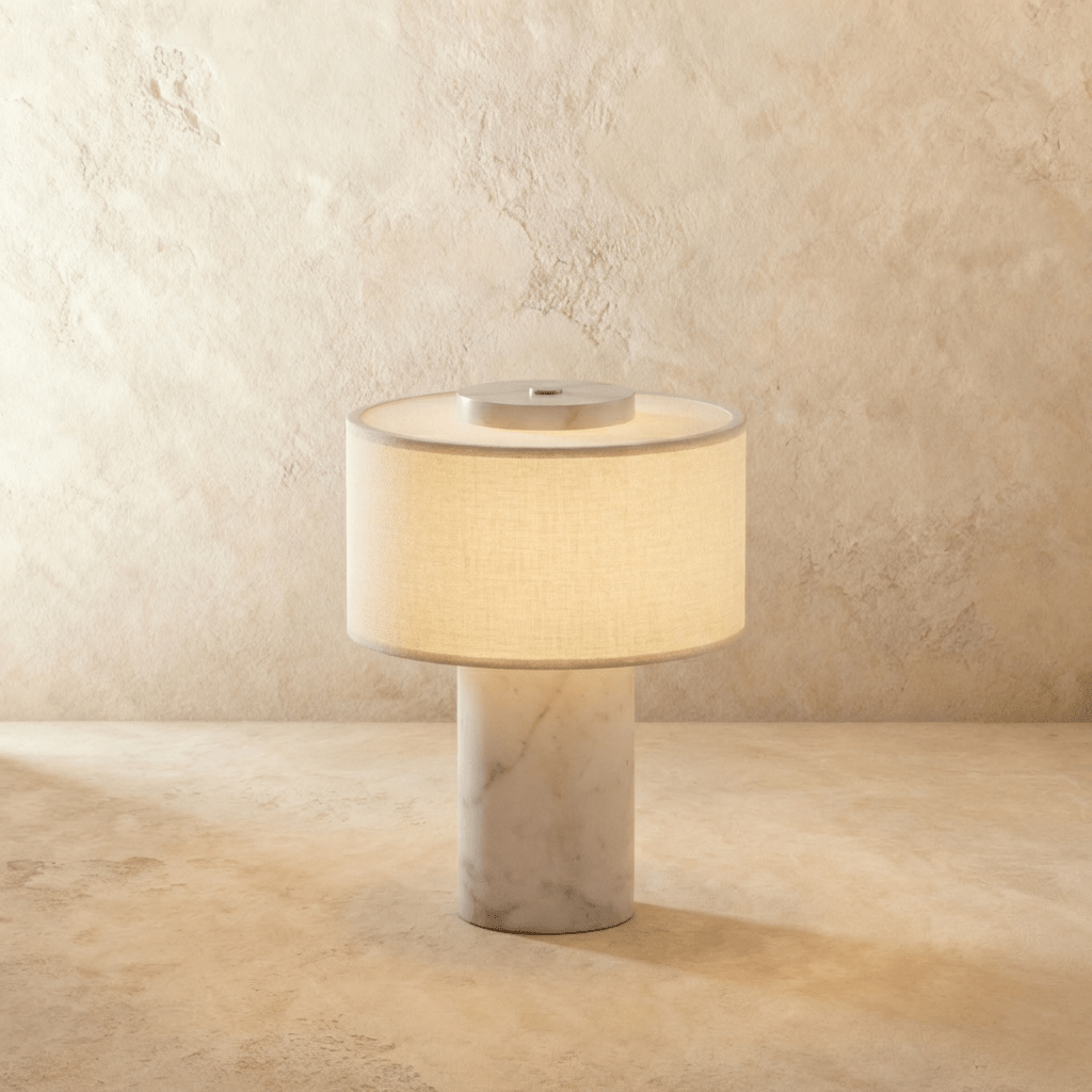 Lampada da tavolo Solstice con base in pietra e paralume in tessuto morbido