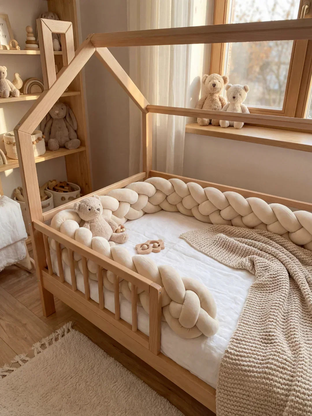 Woven Cotton Crib Liner, 4-Strand Braided Rail Guard for Nursery