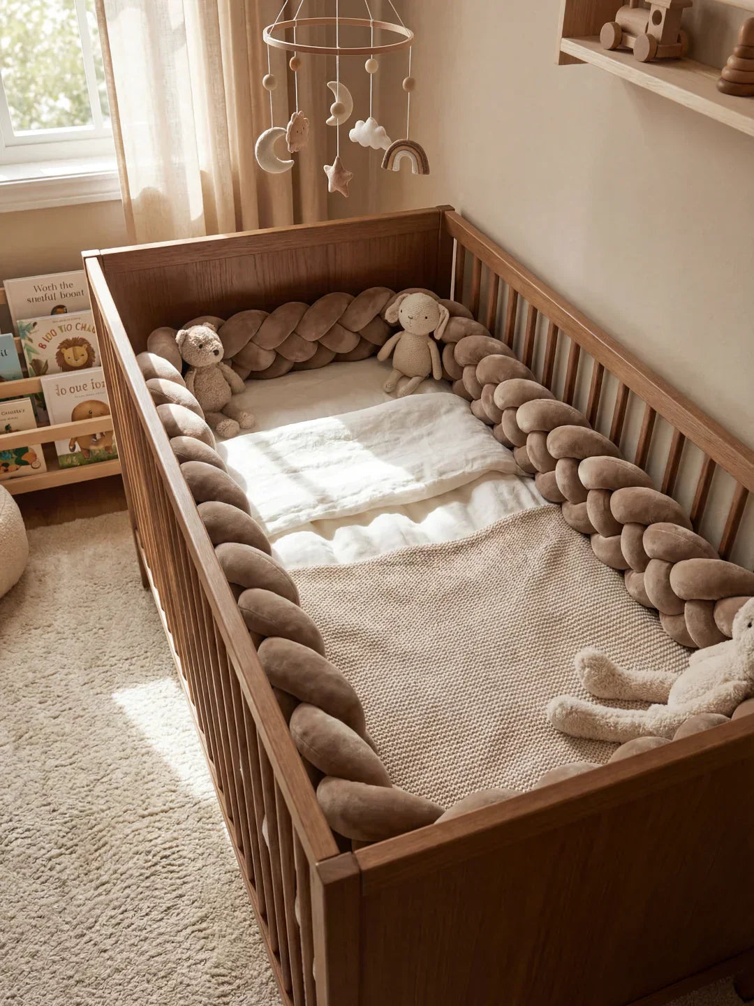 Woven Cotton Crib Liner, 4-Strand Braided Rail Guard for Nursery