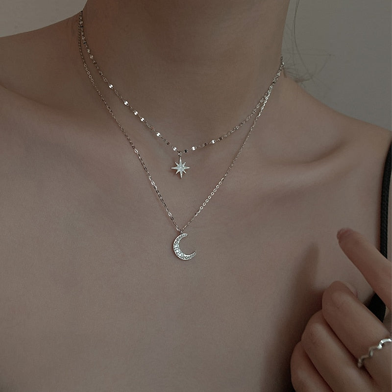 Sterling Silver Double Moon Necklace, Lyra Layered Pendant in Light Silver
