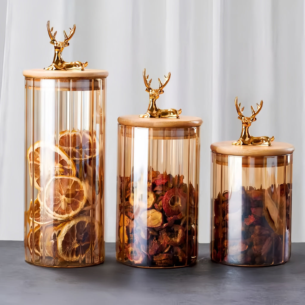 Sæt med ravfarvede glasbeholdere, Elowen Stag, 3 dele, guldlåg