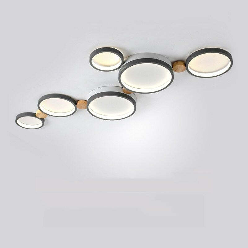 NovaLumen plafondlamp van metaal en hout, 3 tot 7 lampen, wit, grijs of groen