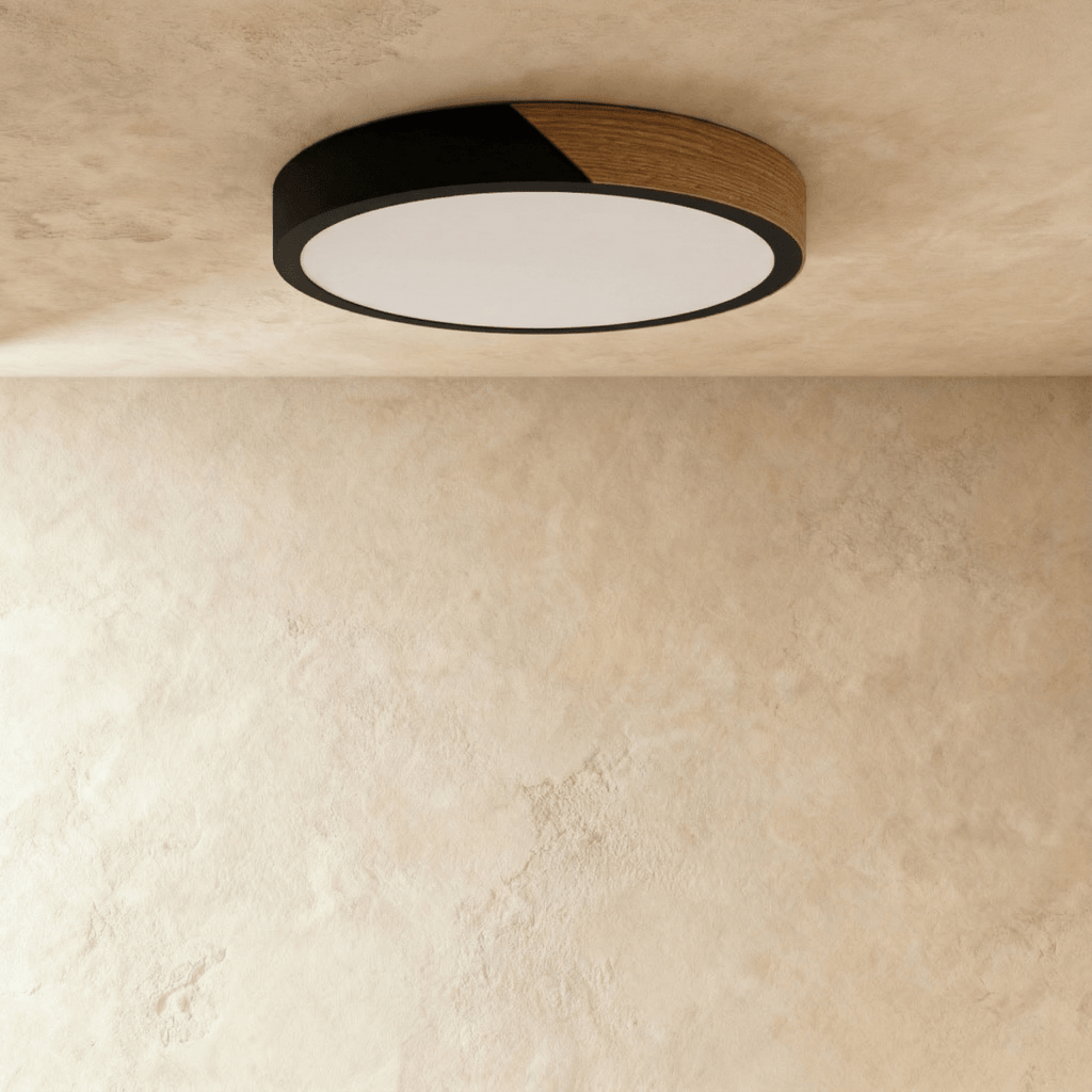Lámpara de techo Aurora de madera y hierro con difusor blanco