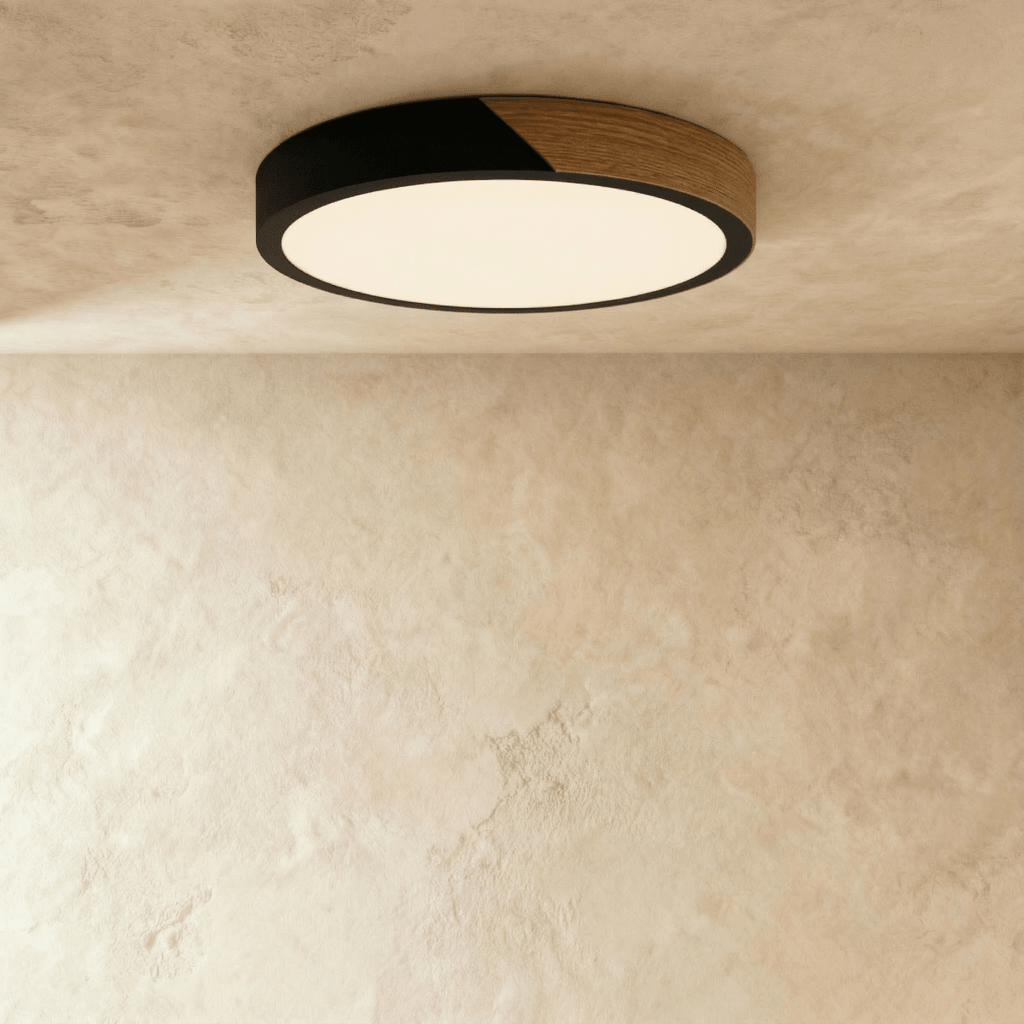 Lámpara de techo Aurora de madera y hierro con difusor blanco