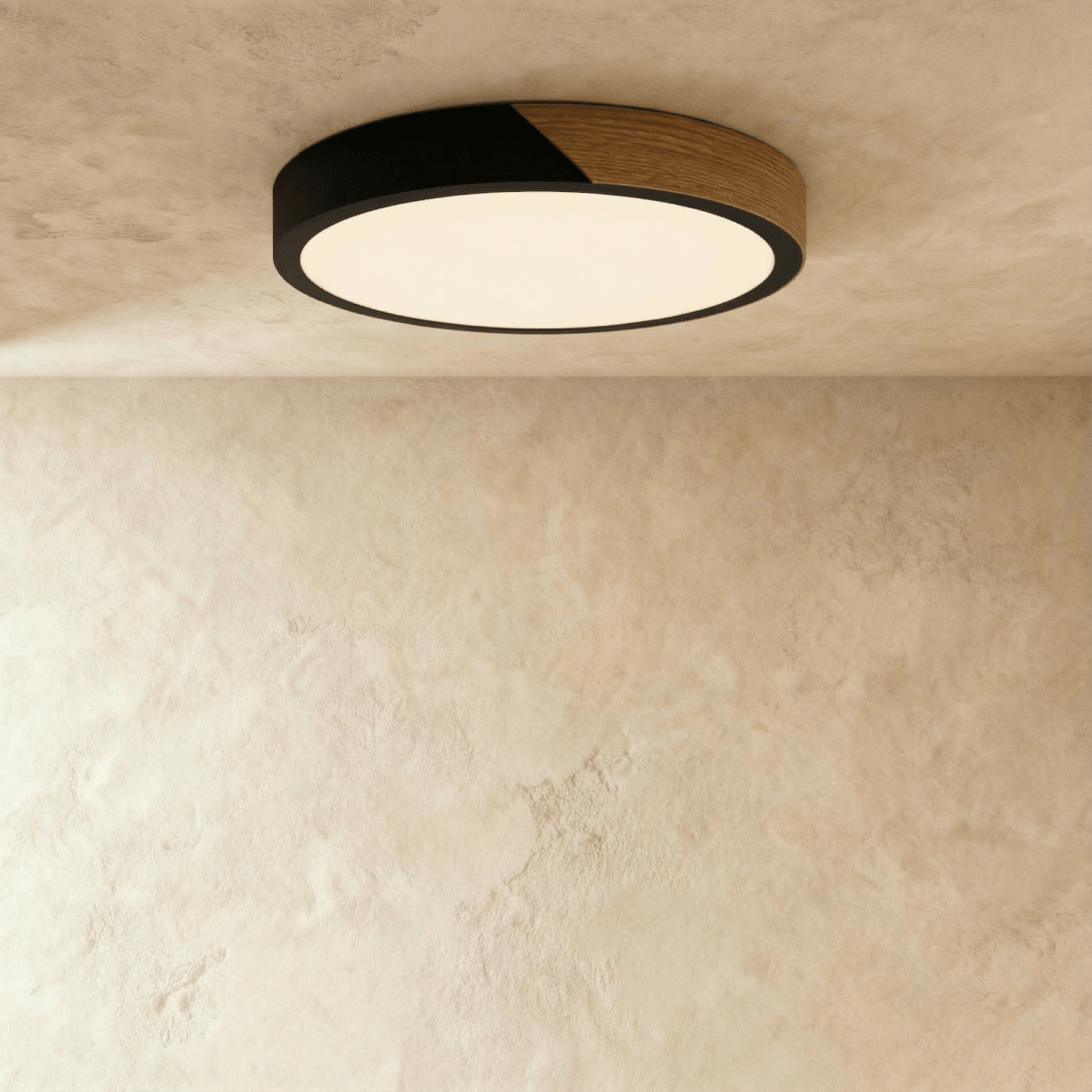 Lámpara de techo Aurora de madera y hierro con difusor blanco