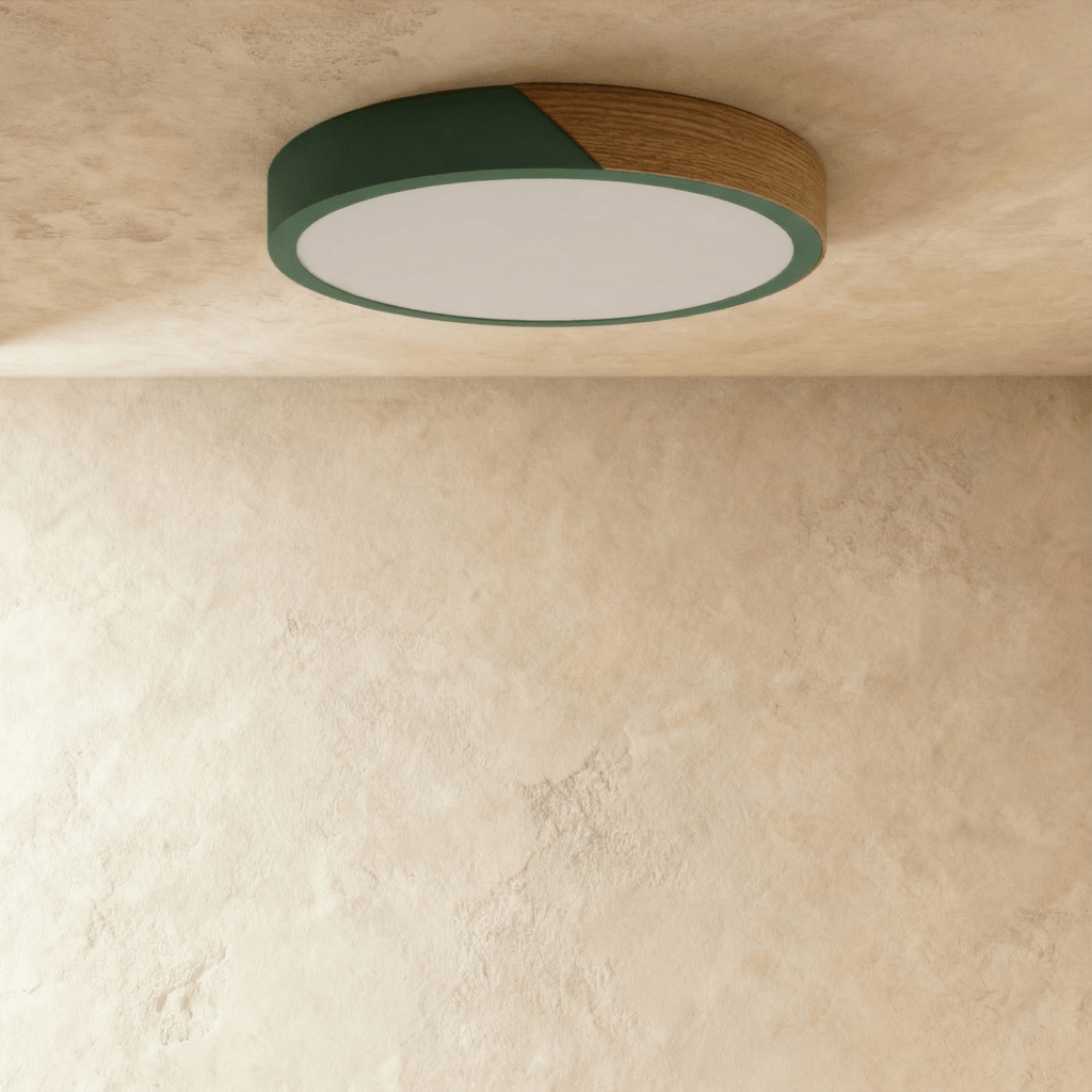 Lámpara de techo Aurora de madera y hierro con difusor blanco