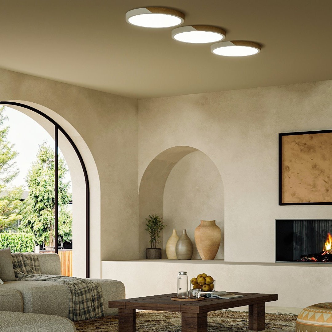 Lámpara de techo Aurora de madera y hierro con difusor blanco