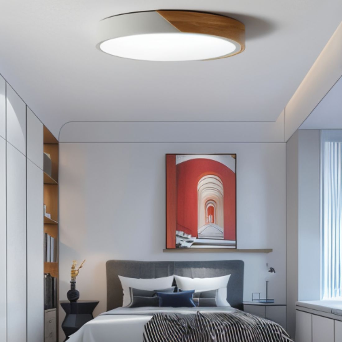 Lámpara de techo Aurora de madera y hierro con difusor blanco