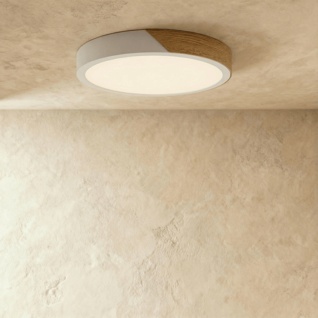 Lámpara de techo Aurora de madera y hierro con difusor blanco