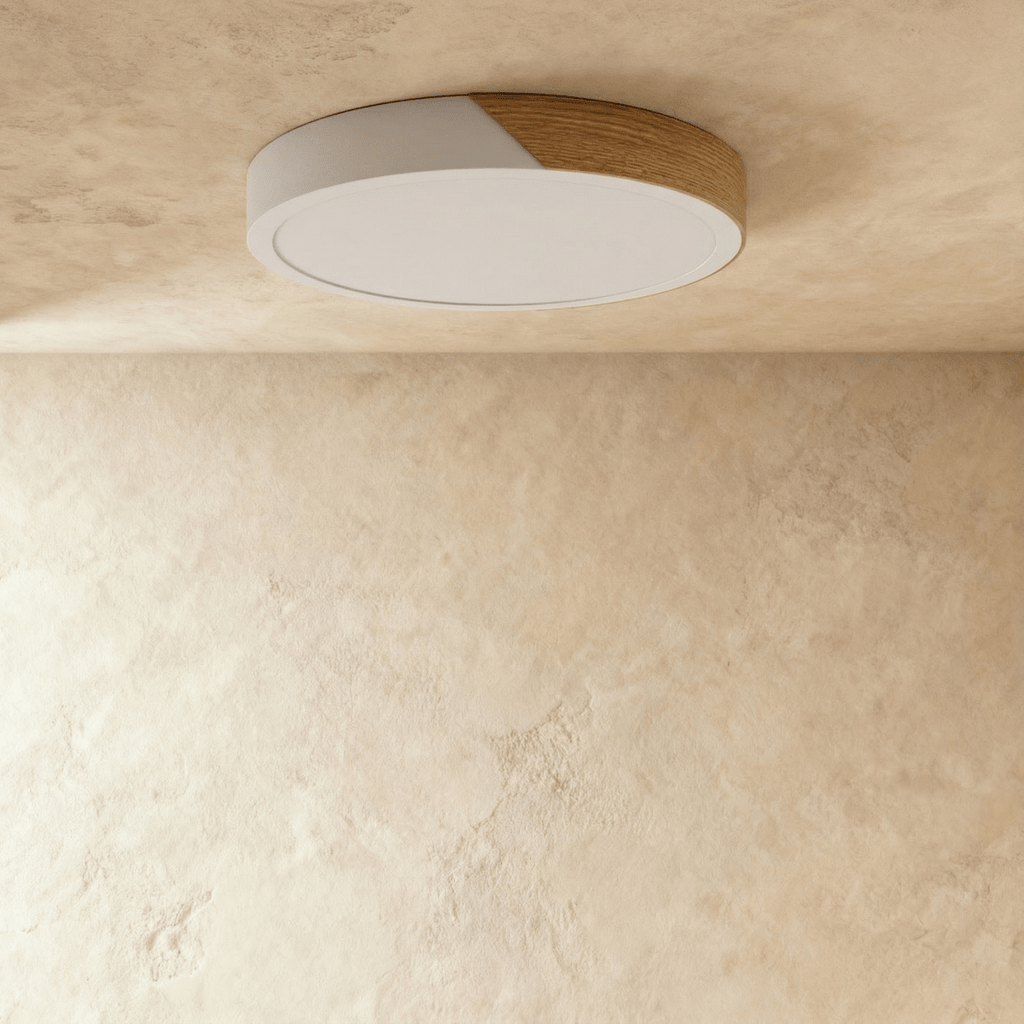 Lámpara de techo Aurora de madera y hierro con difusor blanco