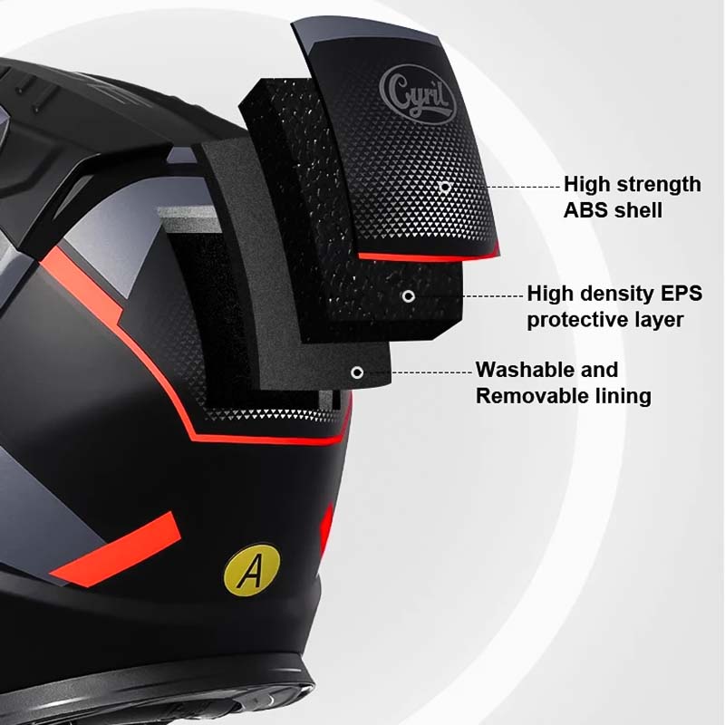 Modulární výklopná motocyklová helma, systém dvojitého hledí, certifikace DOT a ECE