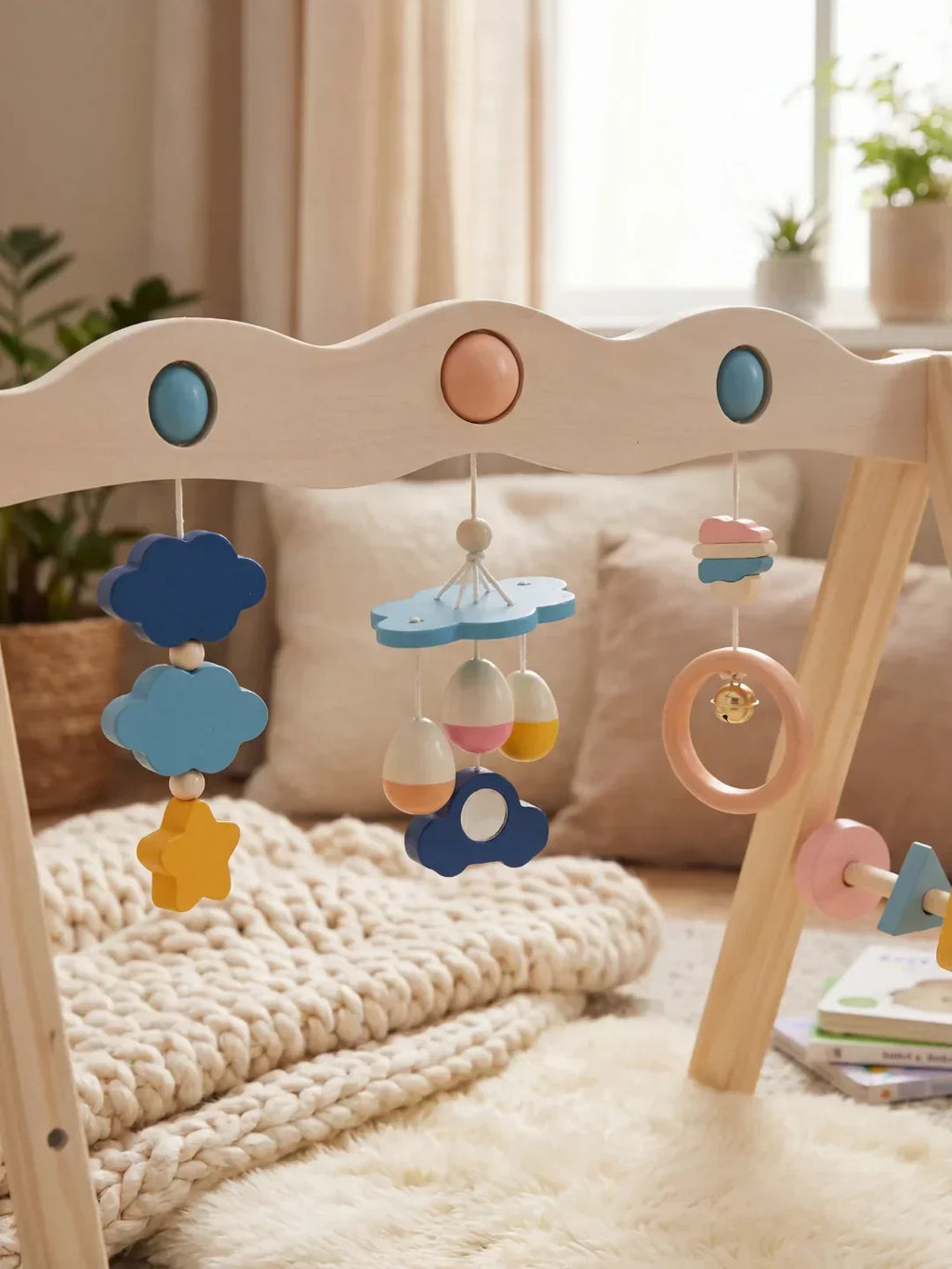 Aktivitetsbue i naturligt træ – sanselegetøj og babygym til babyer og småbørn | Fioriscas