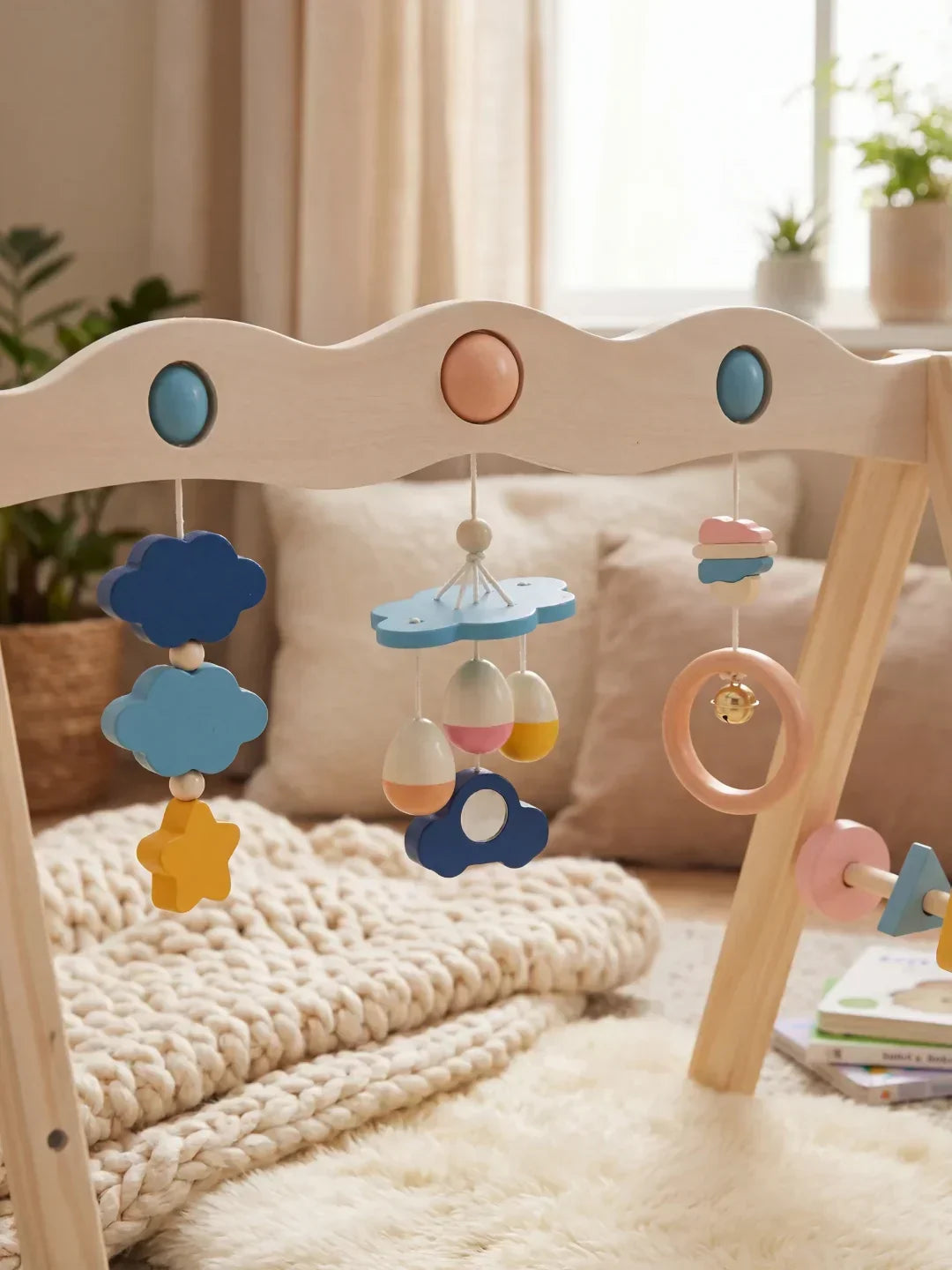 Aktivitetsbue i naturligt træ – sanselegetøj og babygym til babyer og småbørn | Fioriscas