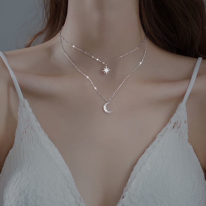 Sterling Silver Double Moon Necklace, Lyra Layered Pendant in Light Silver