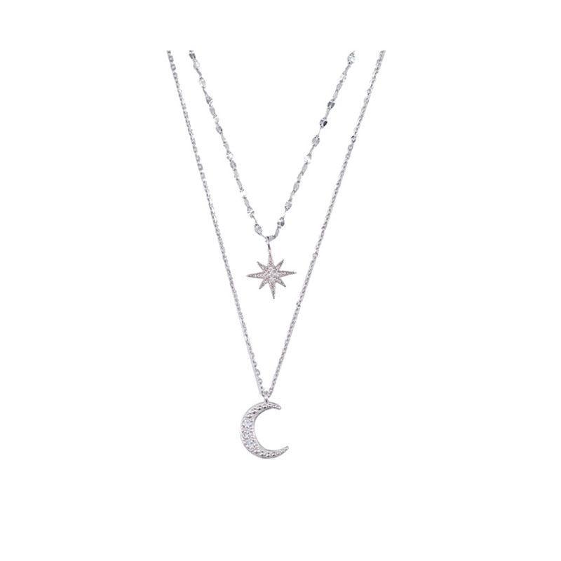 Sterling Silver Double Moon Necklace, Lyra Layered Pendant in Light Silver
