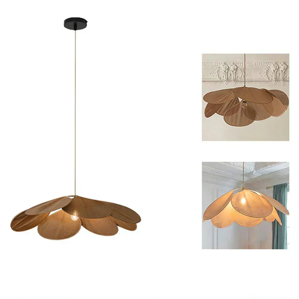 Lampada a sospensione Vellora con motivo a petali e paralume in tessuto, tre dimensioni