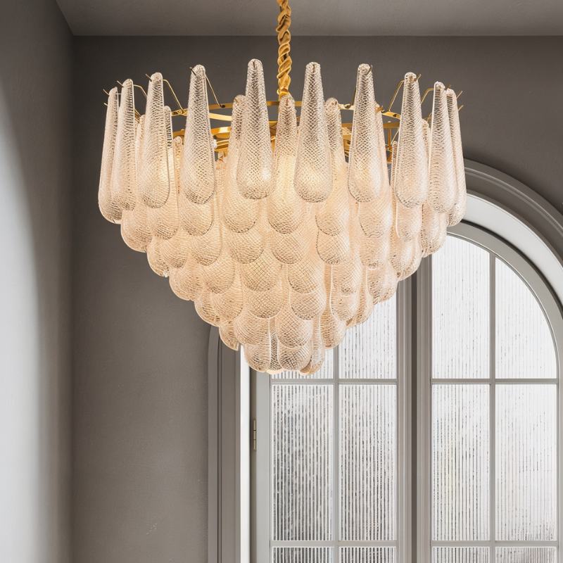 Mid Century Glass Petal Chandelier With Circular Frame And Gold Trim