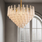 Mid Century Glass Petal Chandelier With Circular Frame And Gold Trim