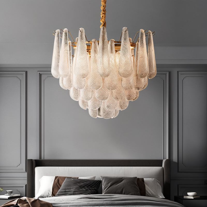 Mid Century Glass Petal Chandelier With Circular Frame And Gold Trim