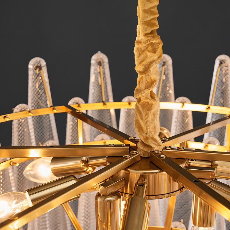 Mid Century Glass Petal Chandelier With Circular Frame And Gold Trim