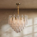 Mid Century Glass Petal Chandelier With Circular Frame And Gold Trim