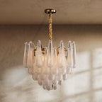 Mid Century Glass Petal Chandelier With Circular Frame And Gold Trim