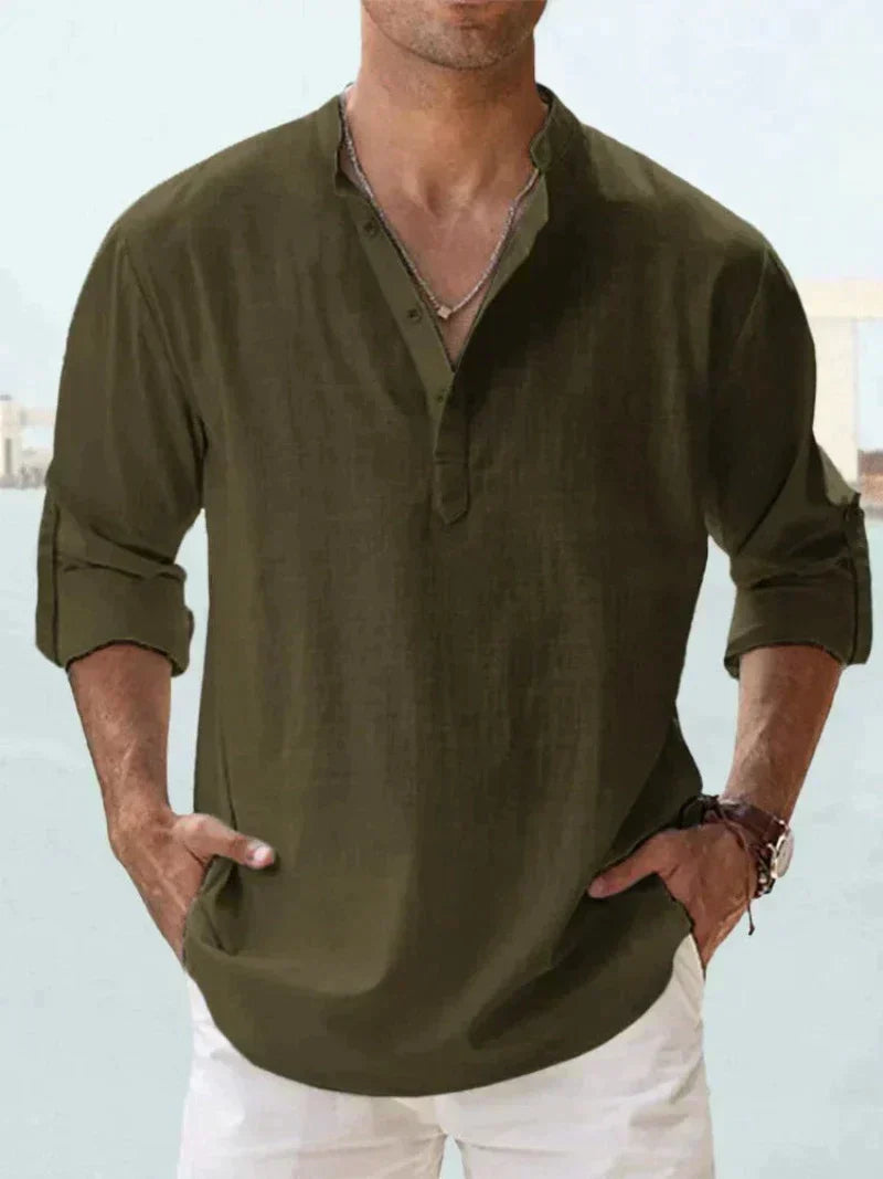 Camicia da uomo in lino con bottoni, misto cotone e lino Erick, taglie dalla S alla 5XL