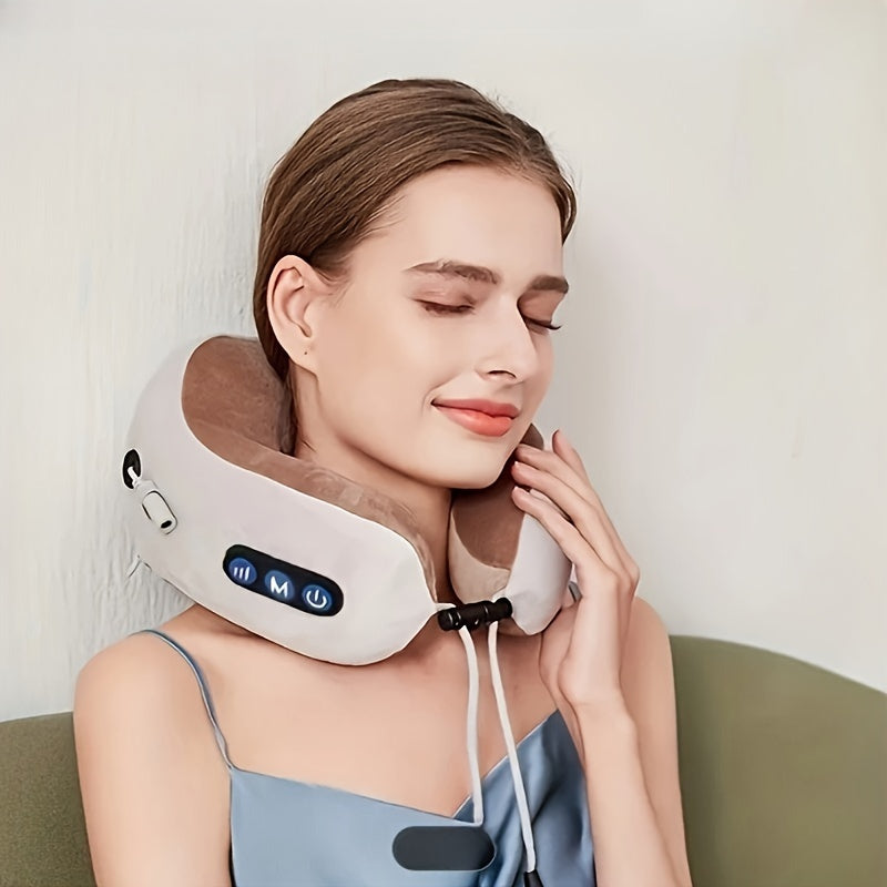 NovaRest U-vormig nekkussen van traagschuim met vibratiemassage, oplaadbaar via USB