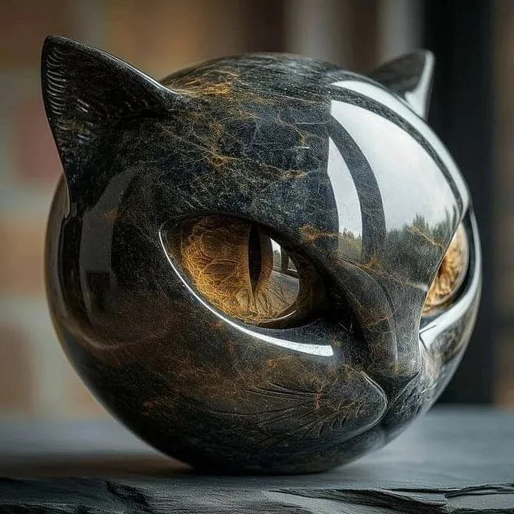 NoirCat Sculpture – Black Cat Head with Hypnotic Eyes