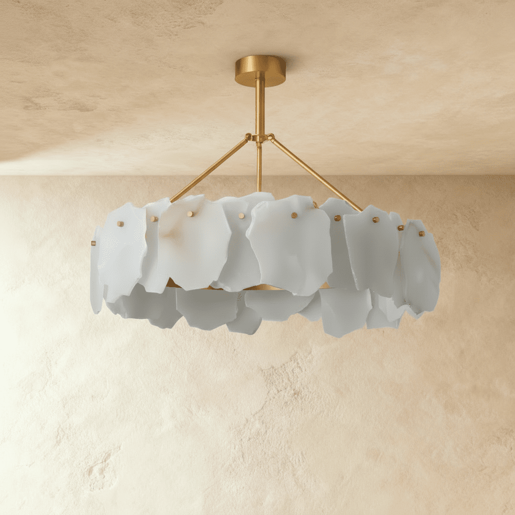 Petalwisp Copper Alabaster Chandelier With Sculptural Panels