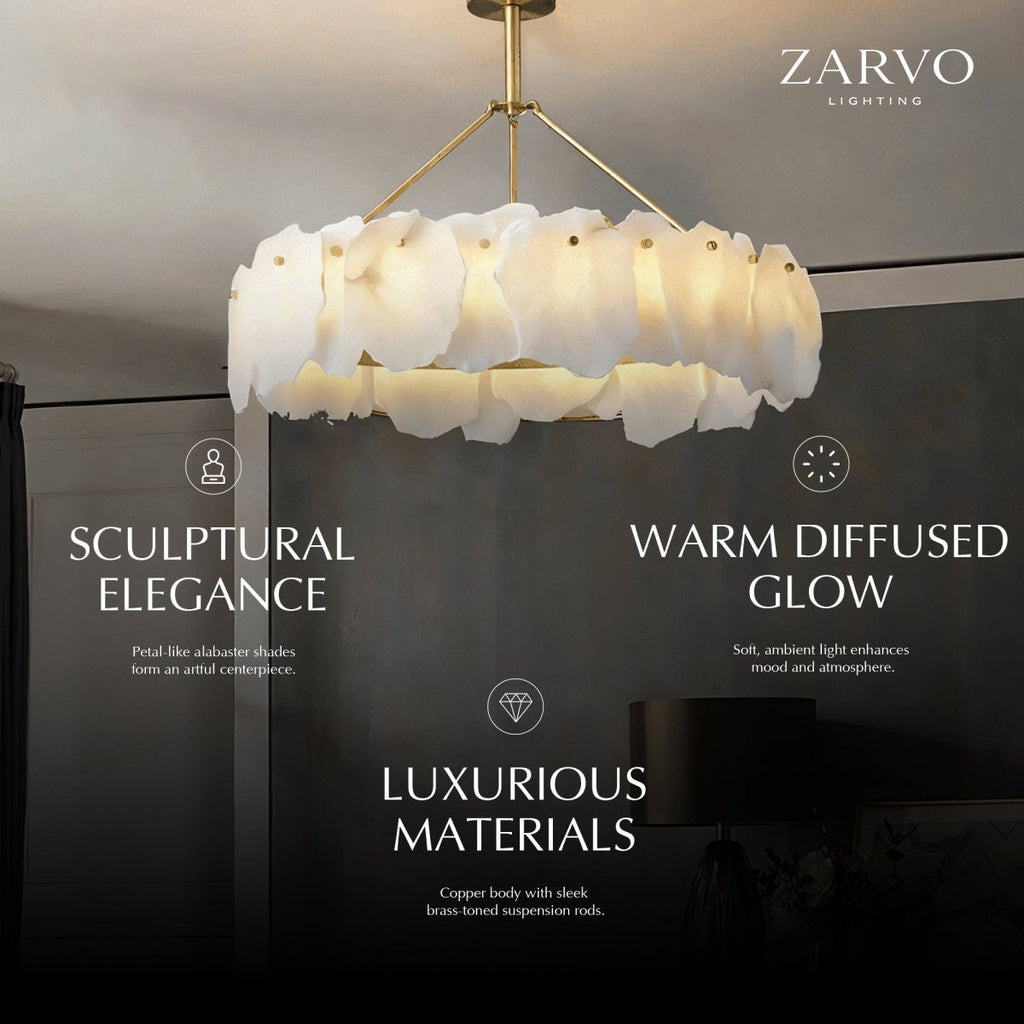 Petalwisp Copper Alabaster Chandelier With Sculptural Panels