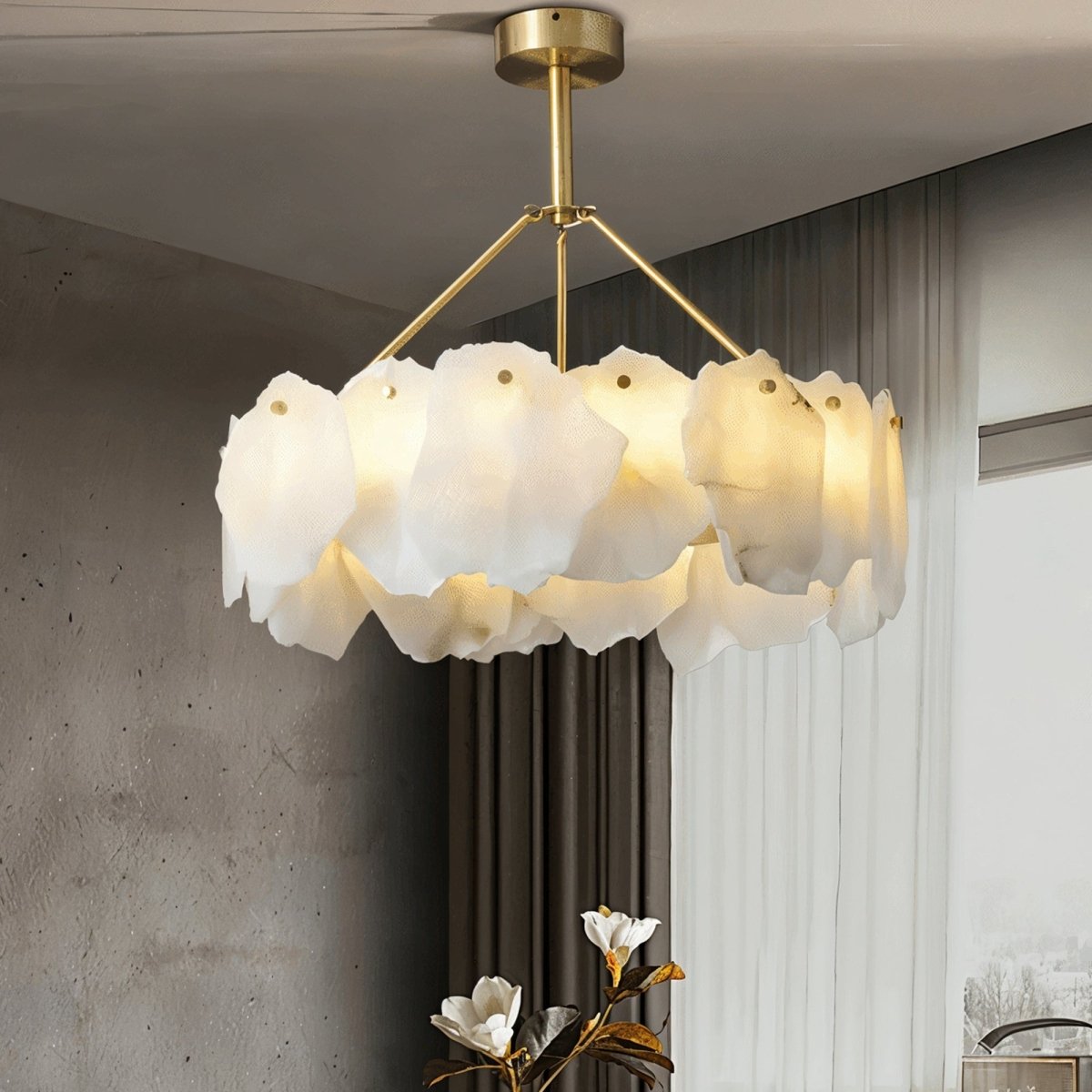 Petalwisp Copper Alabaster Chandelier With Sculptural Panels
