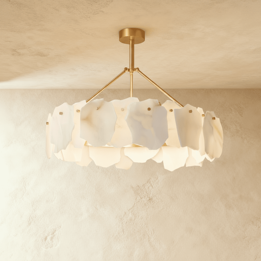 Petalwisp Copper Alabaster Chandelier With Sculptural Panels