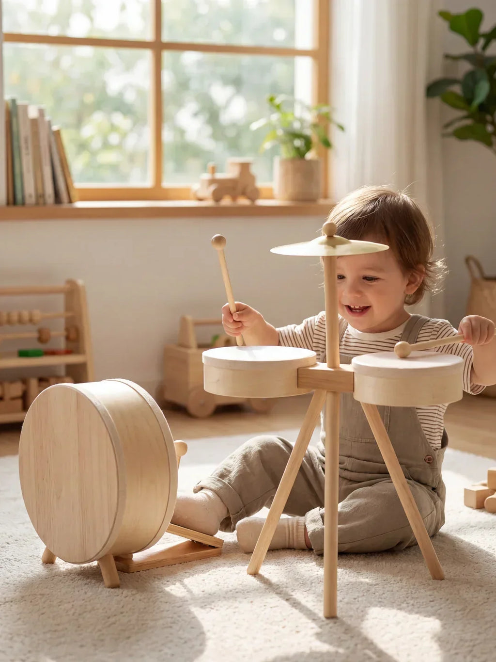 Set di tamburi classico in legno per neonati e bambini piccoli | Fioriscas