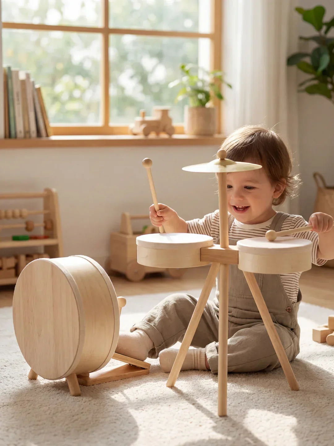 Set di tamburi classico in legno per neonati e bambini piccoli | Fioriscas