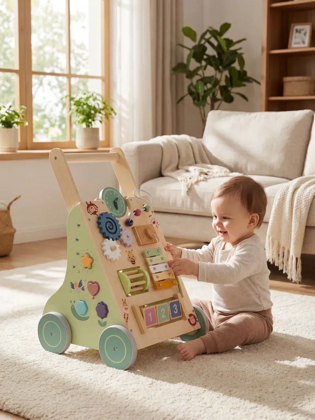 Trotteur d’activités premium en bois pour les premiers pas, le jeu sensoriel et l’apprentissage précoce | Fioriscas