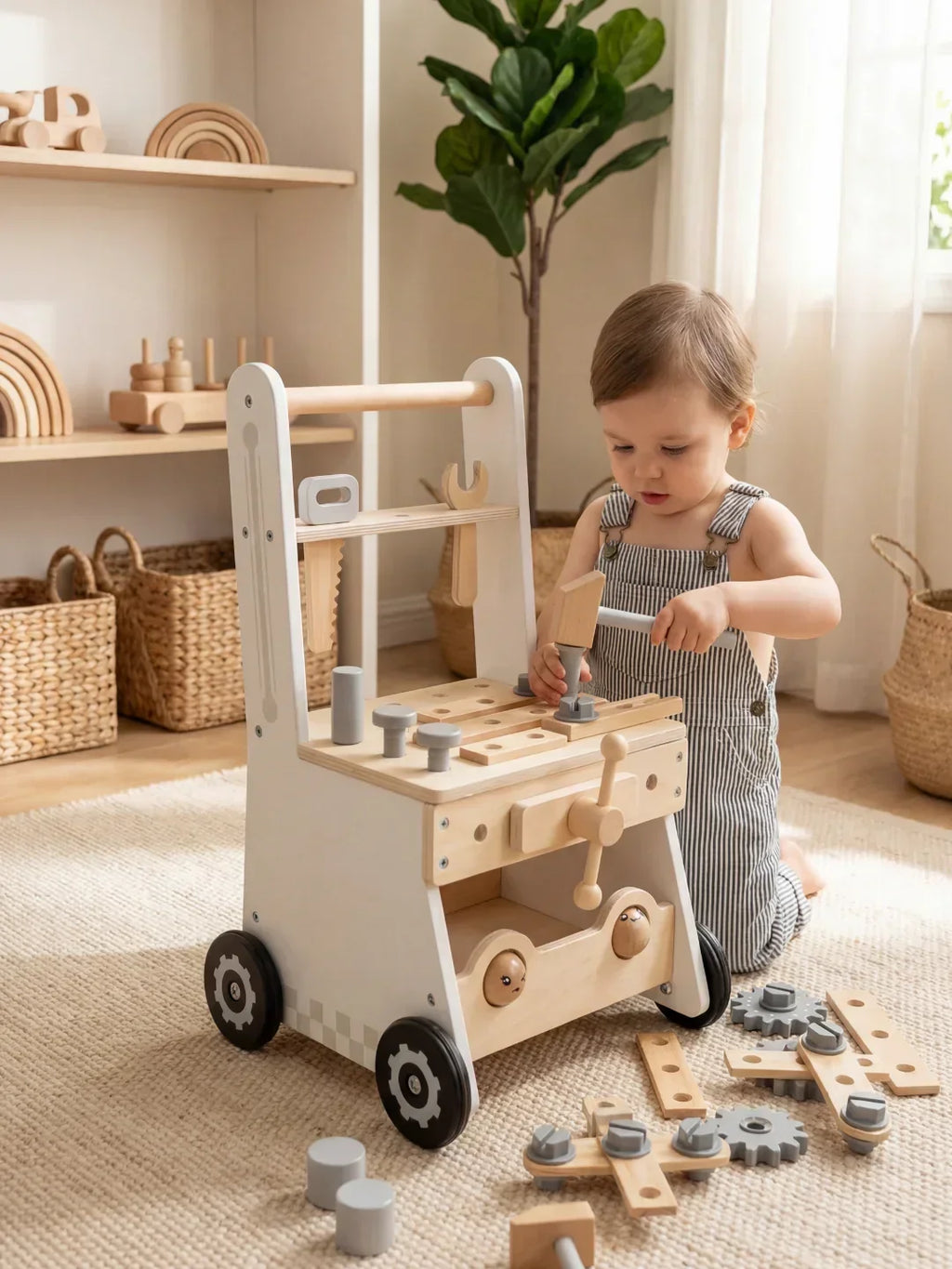 Trotteur pousseur pour bébé en bois avec établi, 2-en-1 | Fioriscas